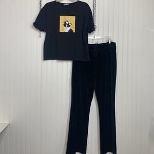 Zara/Carlson Black High Rise Velour Velvet Pants & Short Sleeve T-Shirt Size L